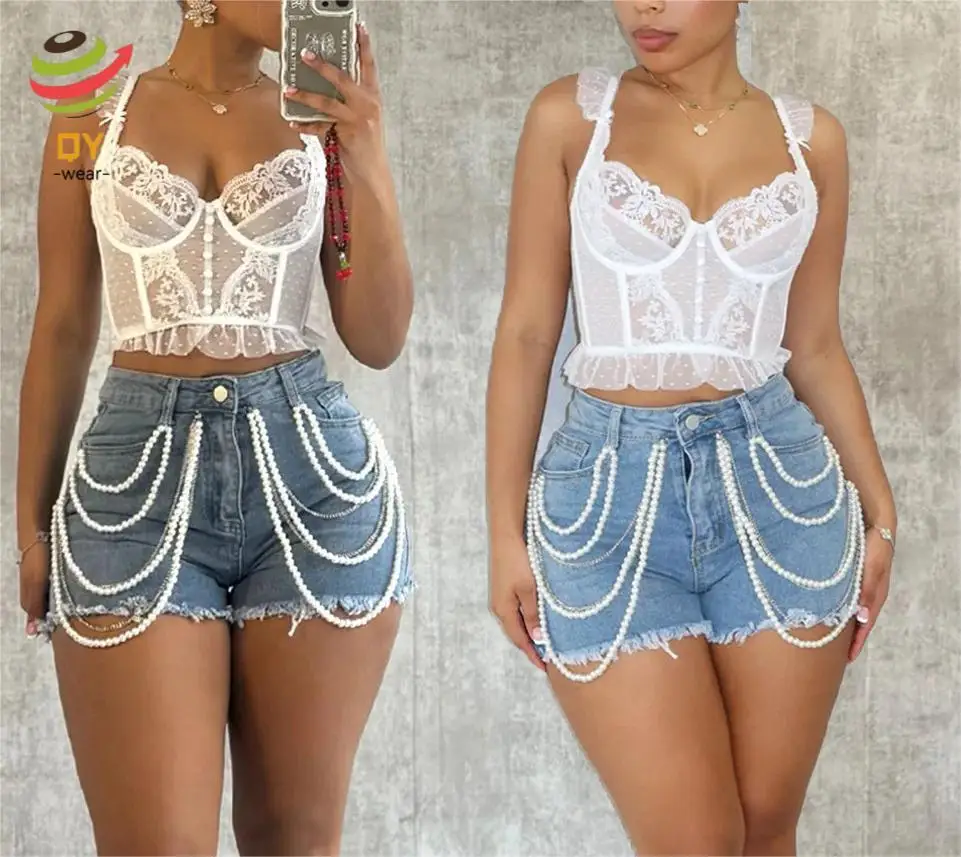 QY5172 New Product Ideas 2024 Summer Women Clothes Set Sexy Lace Bra Tops+Fringed Denim Shorts Set