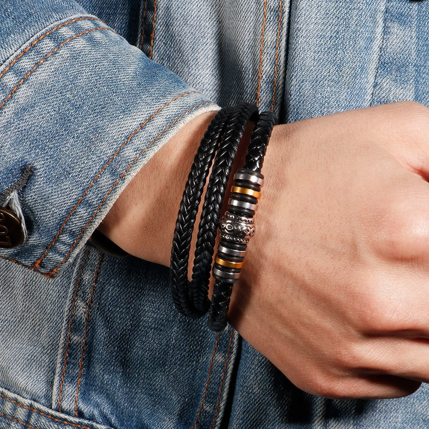 Wholesale Luxury Men Retro Jewelry Custom Multi Layer Braided Alloy Clasp Leather Bracelet