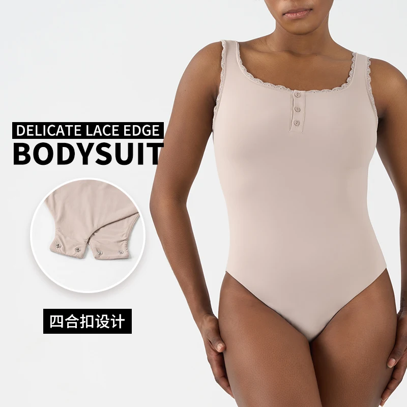 SK1266 Women Laced Bodysuit with Thong Sexy Square Neck with Button Super Soft Quick Dry Ballet Outdoor Wear Jumpsuit
