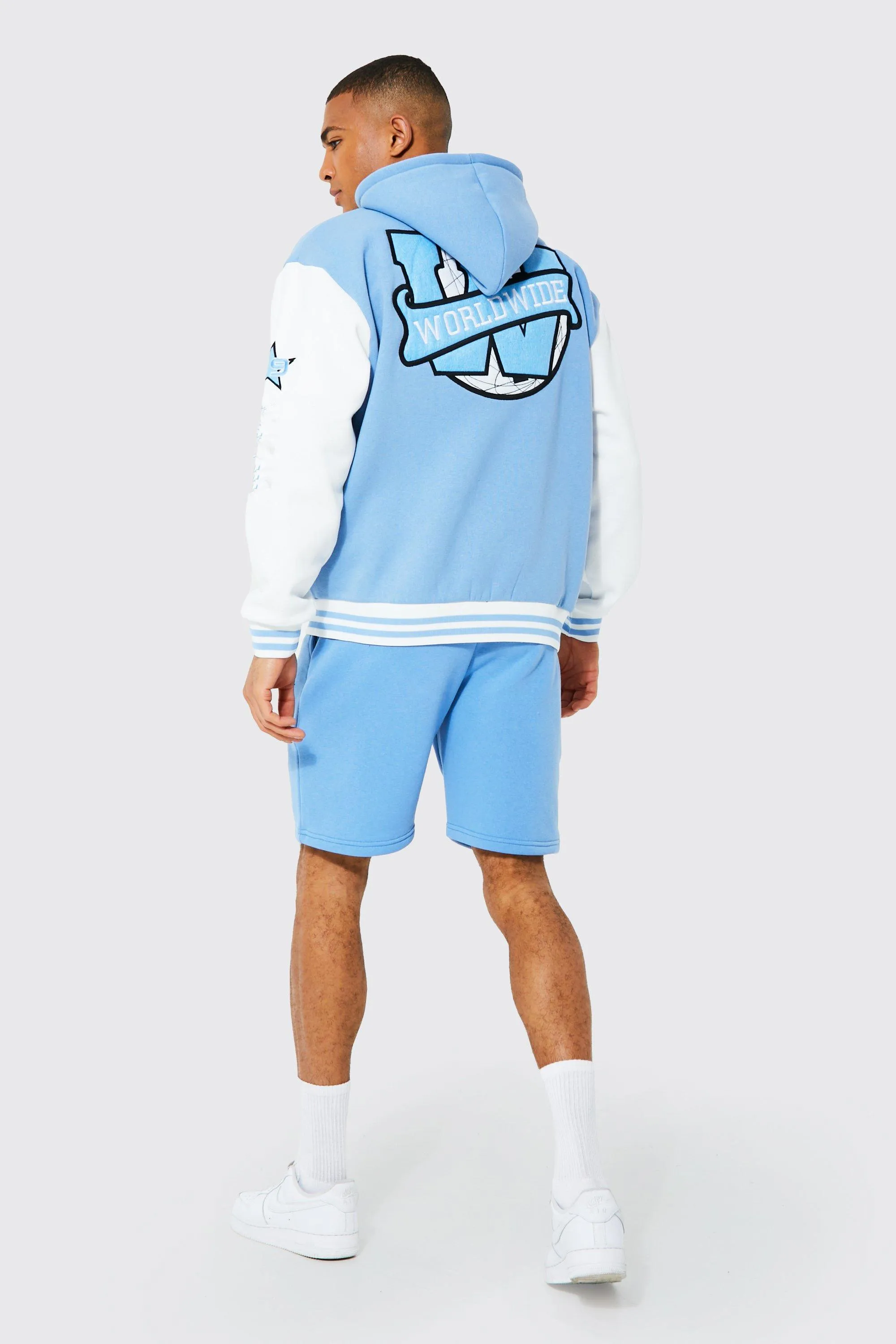 KY Long Sleeve Snap Buttons Embroidery APPLIQUE HOODED Mens Varsity Jacket Set for Men Shorts