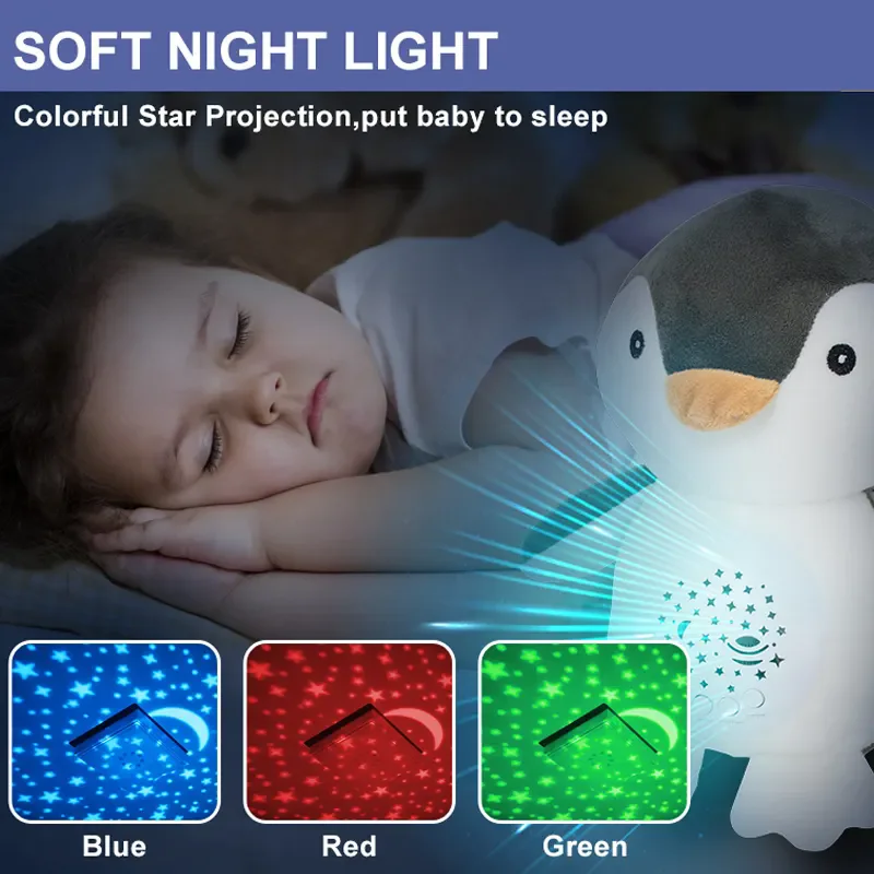 Night light penguin musical soft soothing toy baby sleep soothers projector stuffed plush toy doll