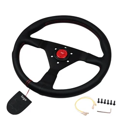 Universal Racing Steering Wheel Montecarlo Black Leather with Red Stitching Red Horn 350mm