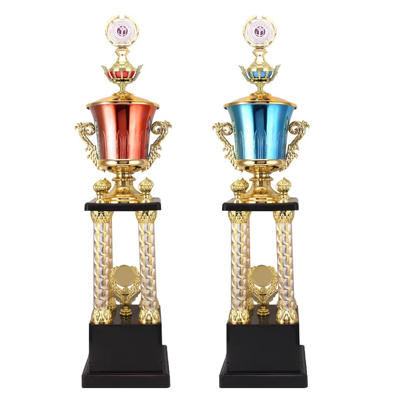Antique Style Metal Color 4 Pillars Tower Big Trophy Iron Cup with UV Printing Plating Custom Engraving Souvenir Plaque Model