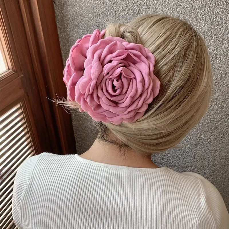 Wholesale Luxury Large Rose Hair Claw Clips Fashion Vintage Flower Fabric Shark Clips Headwear Accessory For Women Girls