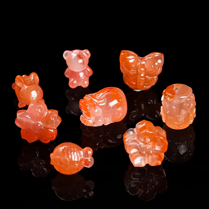 JD GEMS Semi Precious Gemstone Carved Cute Animal Floral Shape Natural Ice China Red Agate Beads with Hole for Jewelry Making