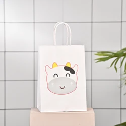 STOCK 21*15*8cm Birthday Party Kraft Paper Bags Printing Party Decoration Animal cow Gift Bags Kids Tote Bag