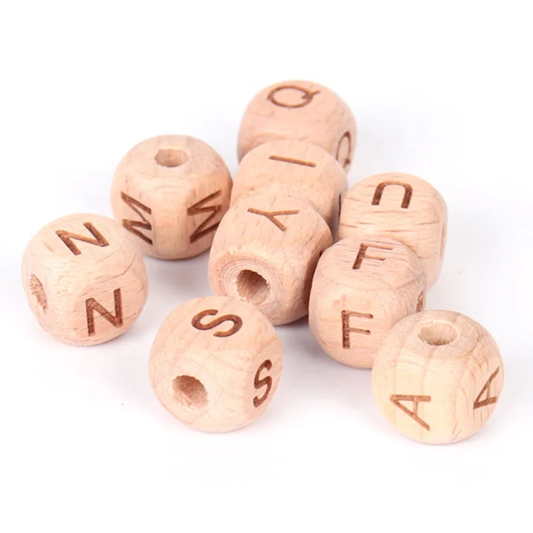 Hot fashion Beech letter beads laser engraved dice Teething beech wood  letter beads