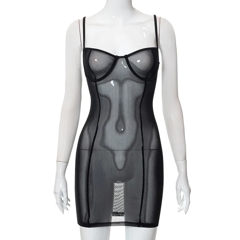 2023 Summer Black Mesh See Through Dress Sexy Dresses Women Night Clubsleeveless Halter Backless Bodycon Mini Dresses For Women