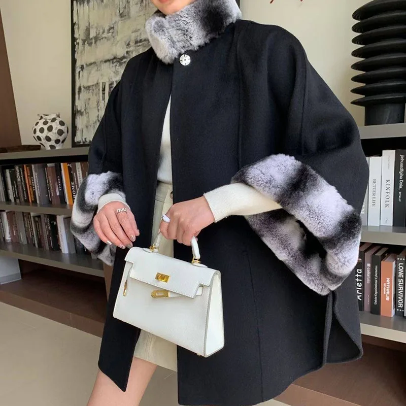 Hot Sale Chinchilla Design Fur Collar Cuffs Double Faced Cashmere Fur Poncho Women Rex Rabbit Fur Shawl