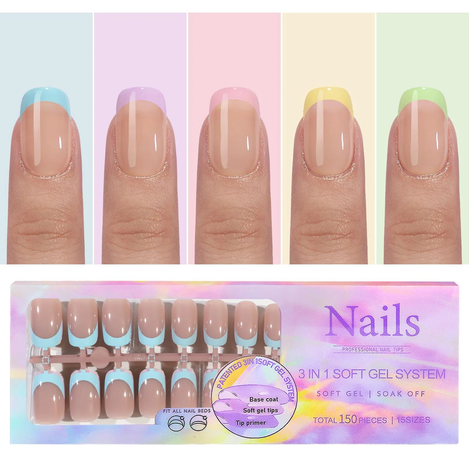 MIUKIULA New 3 in 1 Soft Gel Nail Tip 150pcs/Box  French X-coat Tips Acrylic Full Cover Nail Tips Press on Nails