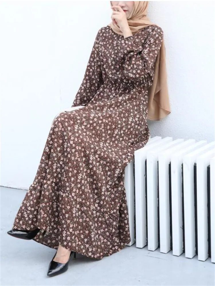 High Quality Muslim Long Skirt Floral Pullover Long Sleeve Waist Crew Neck A-line Dress Ethnic Clothing