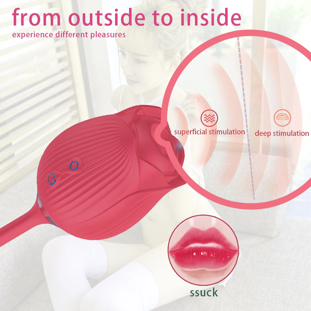 Waterproof Adult Silicone Rose Shaped 2 In 1 Clit Sucker Rose Sex Toys Clitoral Sucking Vibrating Dildo Rose Vibrator For Woman