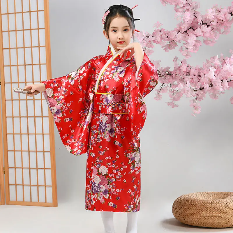 Traditional Yukata Floral Printed Children Stage Performance Costume Japanese Girl Kimono Dresses
