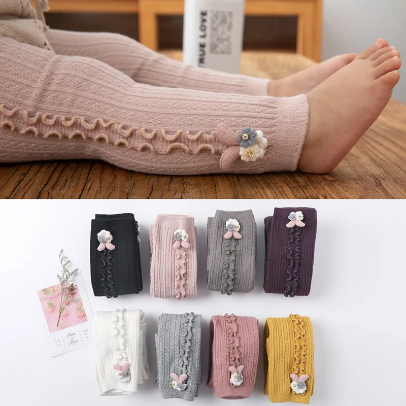 Wholesale Fashion Side Ruffle Pants Cute Rabbit Accessory Soft Cotton Knits Girls Kids Leggings