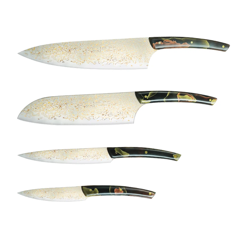 2024 New Arrivals Exquisite 4 Pieces Gilt Damascus Resin Handle  Santoku Paring Chef Knives Set With Wooden Storage Box