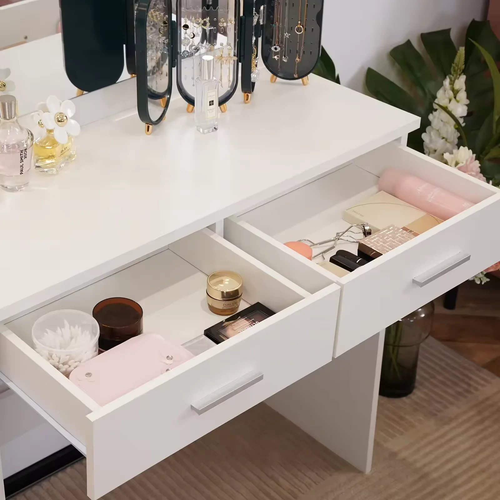 Hot Sale Multi-functiona Wood Makeup Vanity Table Set Nordic Dressing Table Bedroom Furniture Simple Bedside Dresser For Bedroom