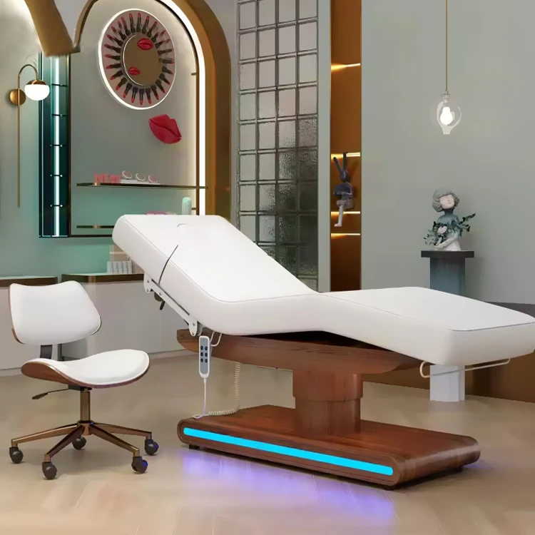 Modern thai style solid wood base lash cosmetic bed 3 motors adjustable electric wooden massage bed with led lighting