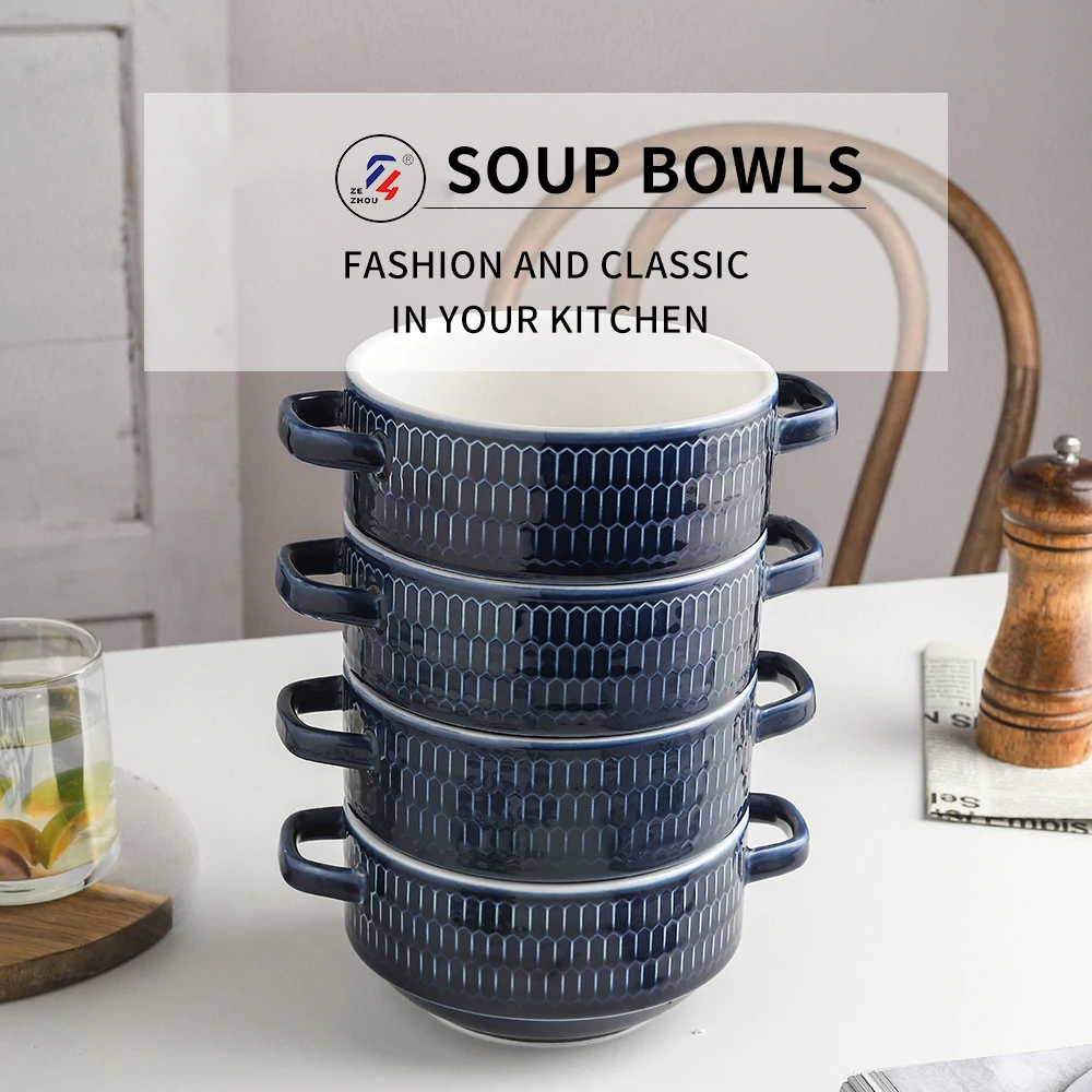 Factory Price Custom Color Ceramic Soup Bowls Set With Two Handles 32oz Cereal Bowls Set