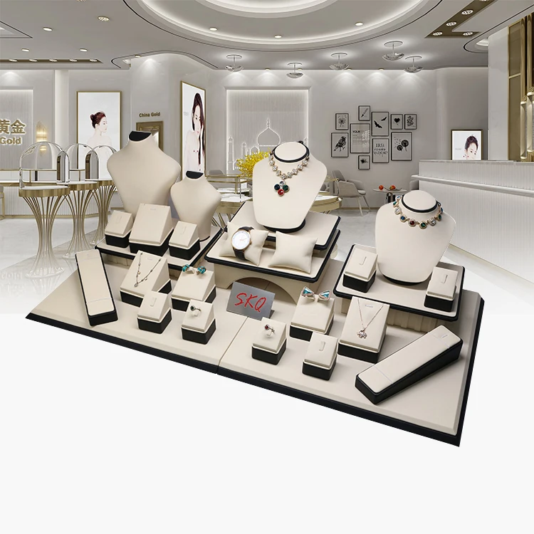 OEM LOGO Custom PU leather Insert Luxury Jewelry Shop Exhibitor Showcase Jewelry display Stand Set For Store