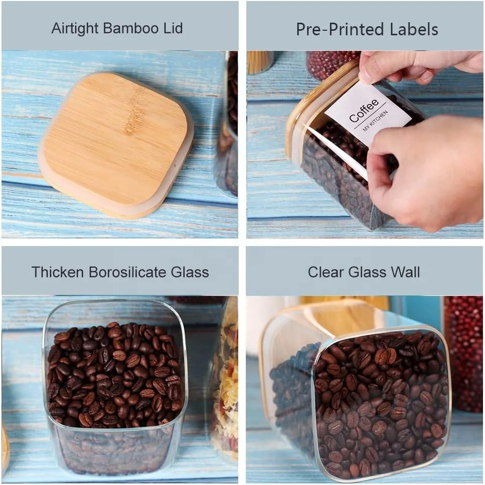Square Airtight Coffee Tea Spice Glass Jar Kitchen Organizer Storage Bottles Sealed Glass Food Storage Jars with Bamboo Lid