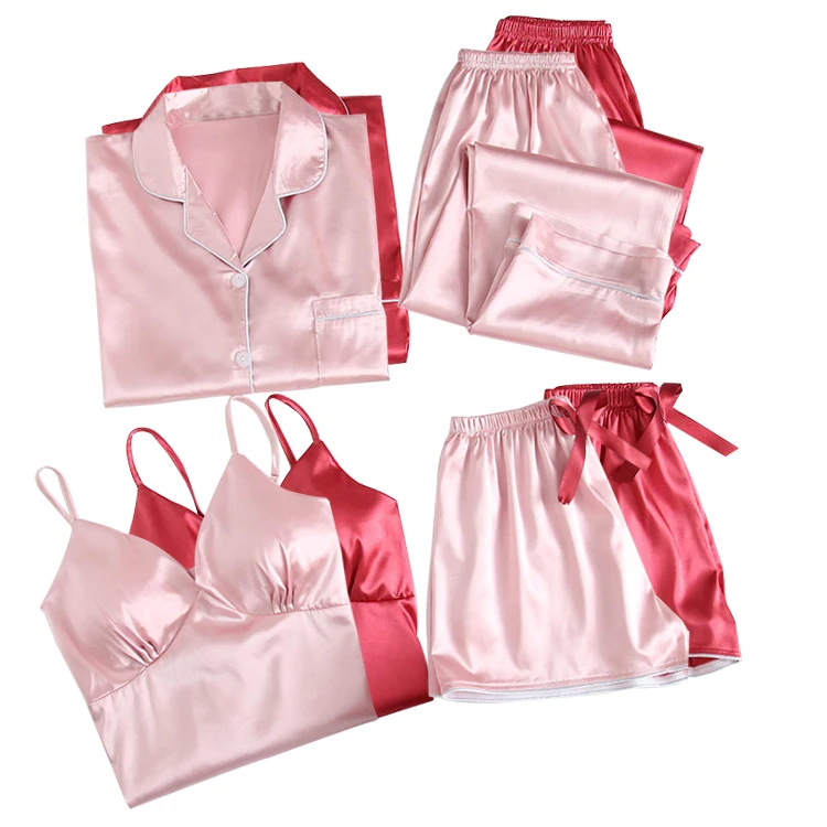 Wholesale Long Sleeve Silk 4 Piece Satin Sleepwear Pajamas Sets For Women