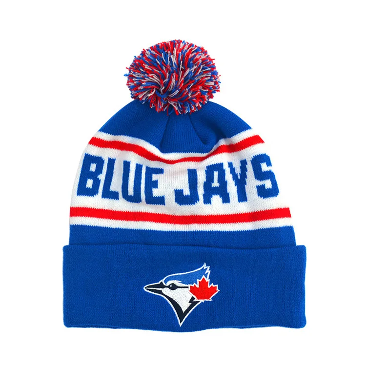 Wholesale Winter Acrylic Knitted Sport Team Beanies Baseball Fans Football Cuff Cap Hats with Pom Pom