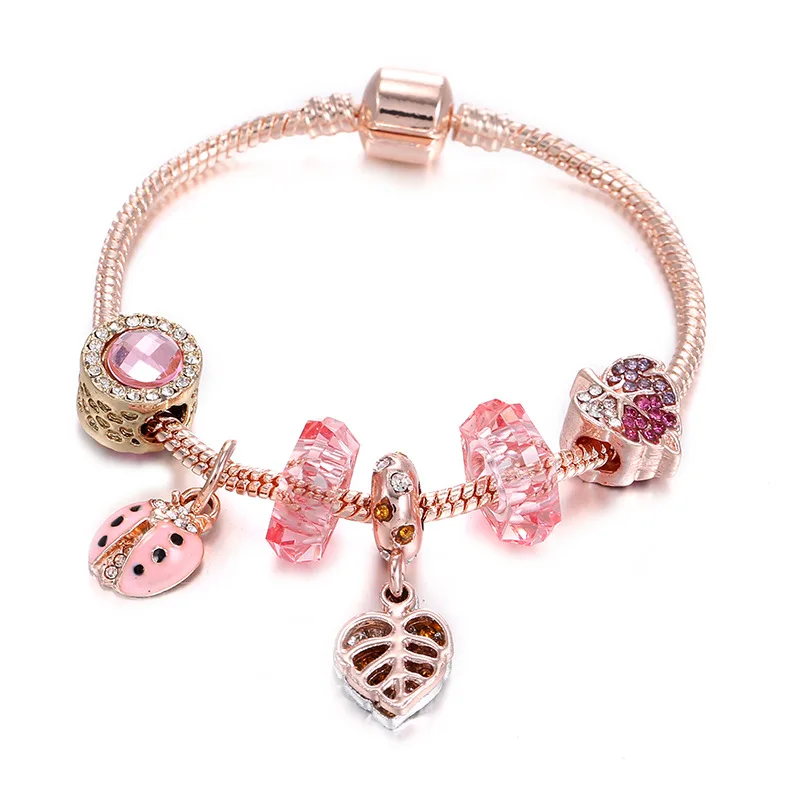 
Best Selling Bling CZ Cubic Zirconia Flower Leaves Charms Bracelet Exquisite Rose Gold Rhinestone Crystal Heart Charm Bracelet 