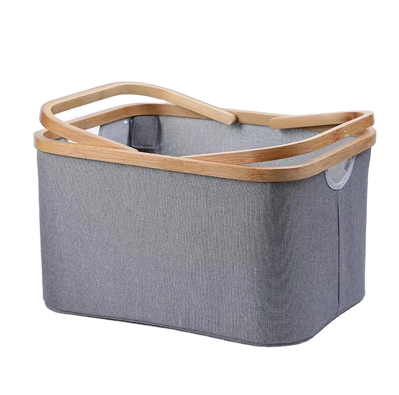 Wholesale household bamboo and wood fabric storage with handle foldable toy storage laundry basket