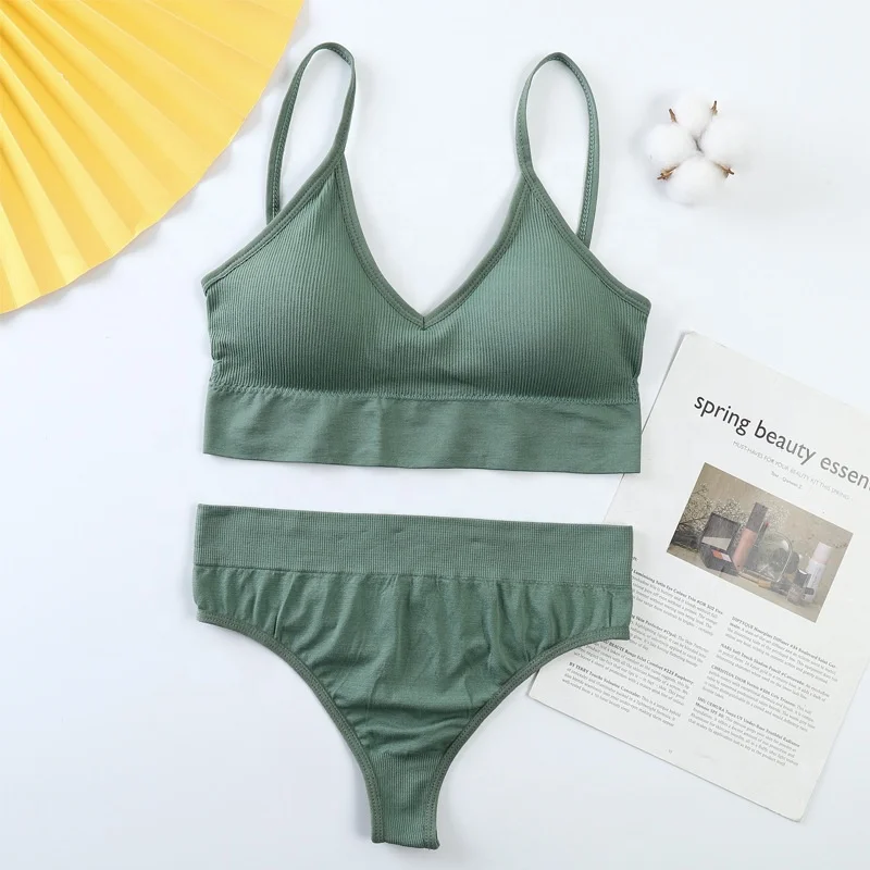 Dropshipping Push Up Sports Women Padded Bralette Panties Sexy Fitness Crop Top Underwear Seamless Active Bra Thong
