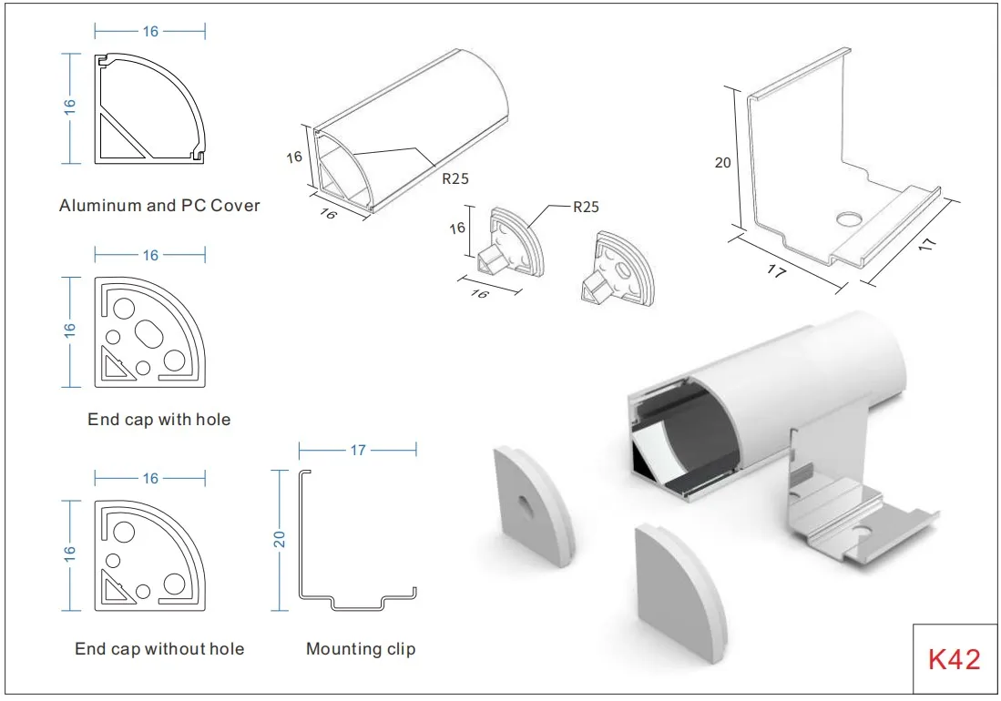 
High quality 6063 T5 Aluminum Alloy Mounted 90 degree corner K42 with PC diffuser corver led aluminum profile 