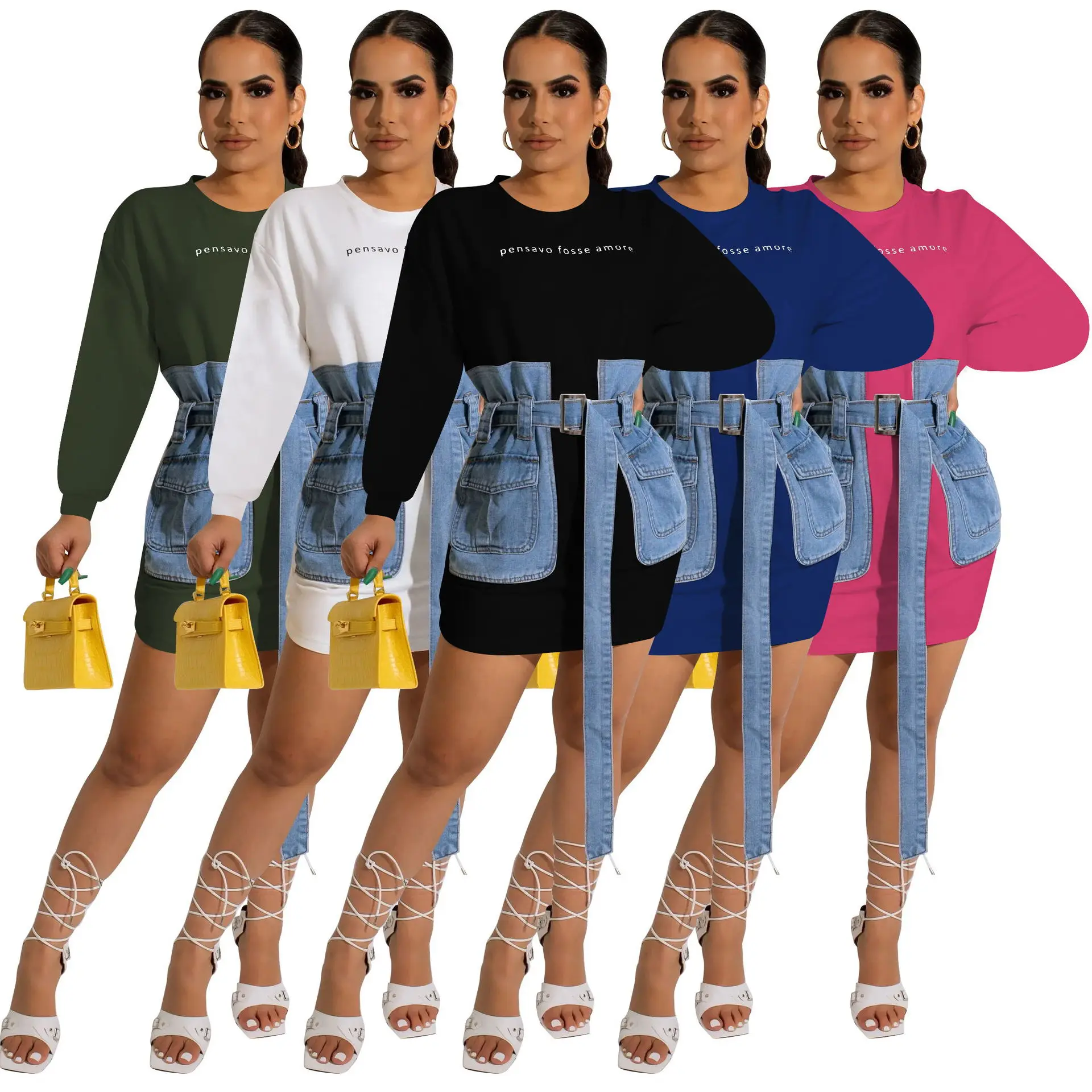 BOBOYU new arrivals female long sleeve waist t shirt dress with belt women casual denim patchwork dress summer street wear