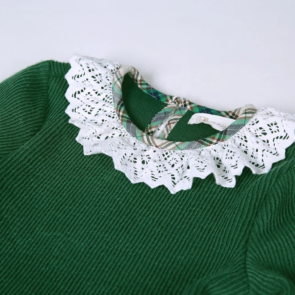 OEM Pettigirl Green Fancy Dress Hollow-out Lace Round Collar Knit Girl Child Sweater Dress