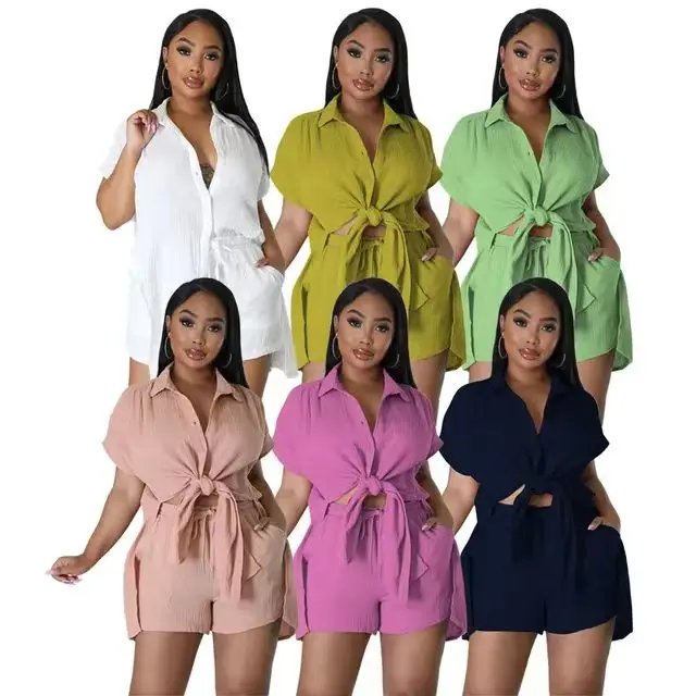 European and American clothing 2024 Amazon summer new cotton and linen solid color shirt short-sleeved casual shorts suit