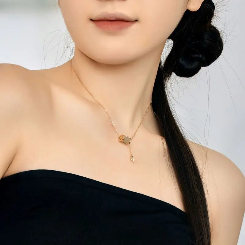 Dylam 22K Gold Plated S925 Sterling Silver Jewelry Necklace Women Girls Bamboo Shape Hetian Jade Pendant Necklaces Bracelets Set
