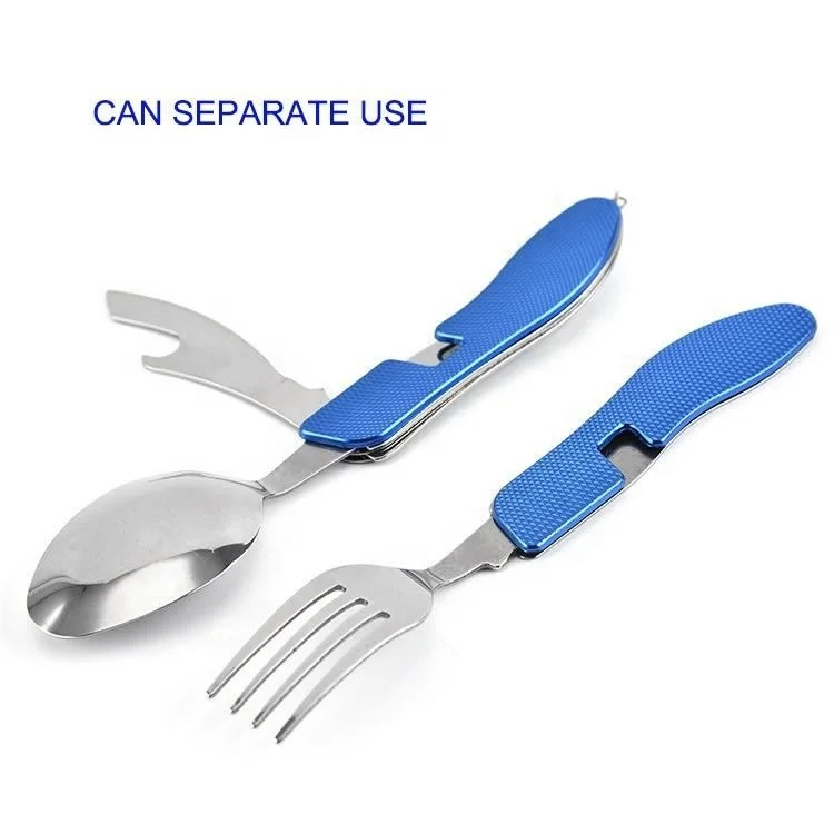 Foldable stainless steel fork spoon knife opener outdoor tableware travel camping cutlery kit set