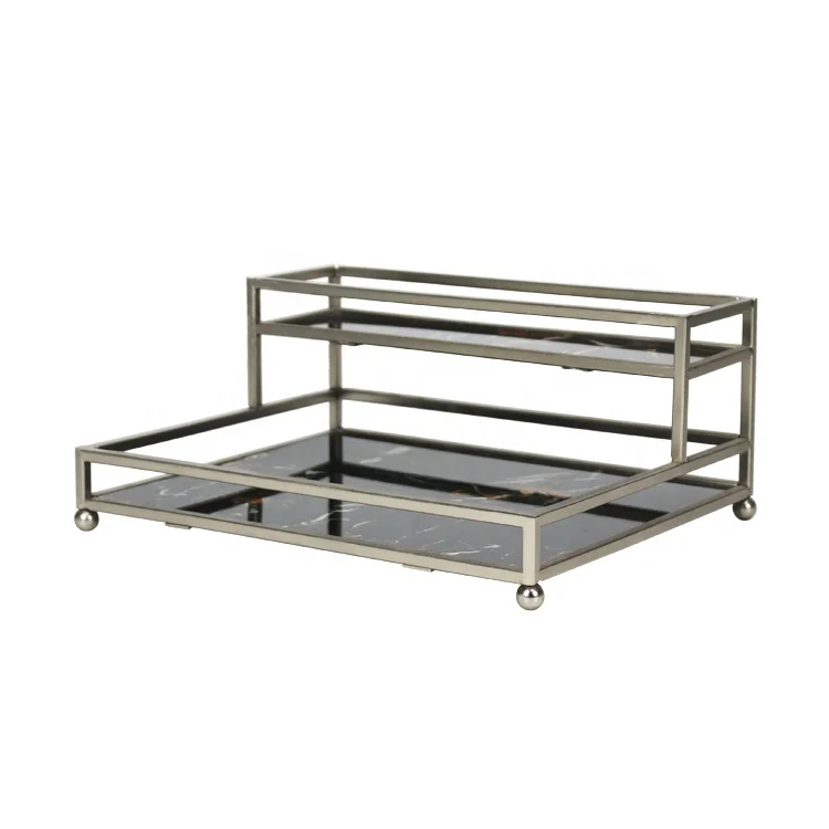 
cosmetic rectangle luxurious two tier decorative metal nickel plated mirror serving tray 