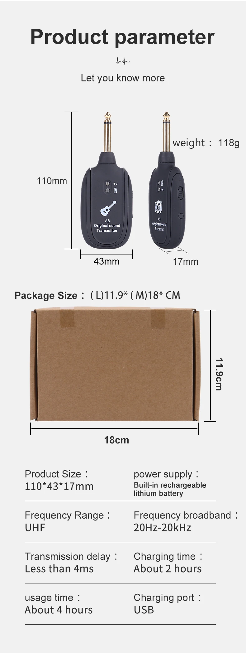Wholesale professional musical instrument guitar wireless connector A8 effective transmission distance 30 meters
