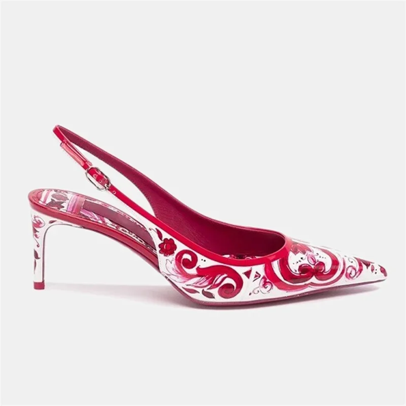 Blue And White Porcelain Thin High Heel Sandals Pointed Toe Slingback Stiletto Heel Sandals Printing Ladies Shoe