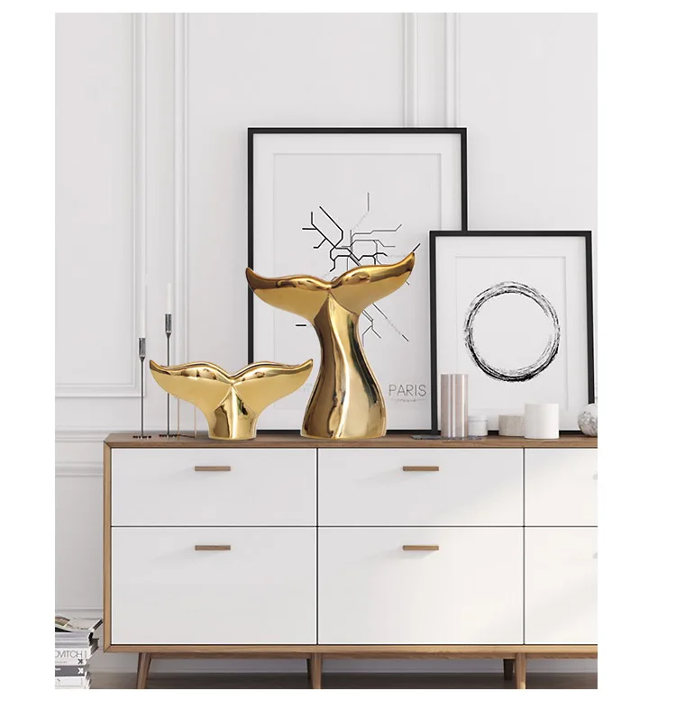 Simple Nordic Home Living Room Decorations Ceramic Crafts Golden Whale Tail Ornaments