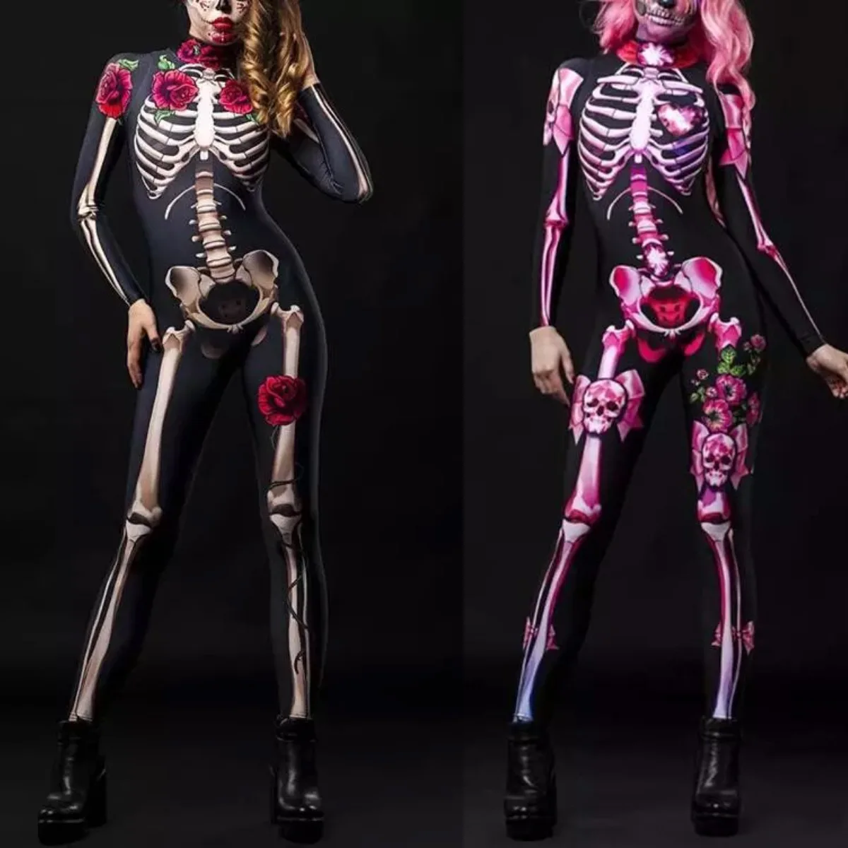 Halloween Casual Plus Size 5xl Mommy And Me Set Cosplay Costume Skeleton Print Bodycon Jumpsuit Mom And Daughter Set