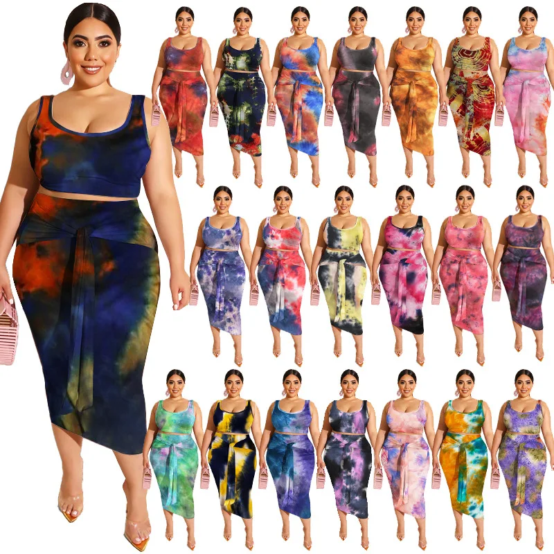 Women Plus Size Boob Tube Sexy Top Dress Hip Lifting Tie-dye Color Two Piece Set Outfits Women Long Maxi Dress