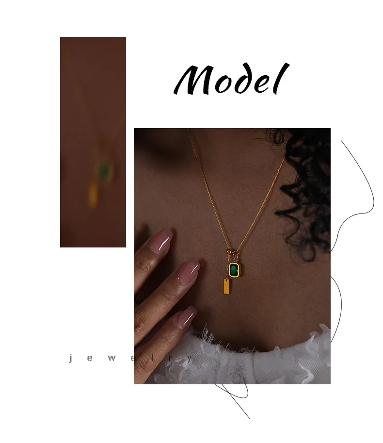 Wholesale French Fashion Jewelry Women Green Chain Titanium Steel Necklace Zircon Charm Pendant