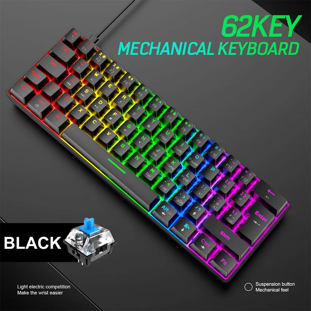 T60 Mechanical Keyboard Blue Switch 62 Keys USB Type C Wired Gaming Mechanical RGB Keyboard with 18 RGB Lights for PC Gamer