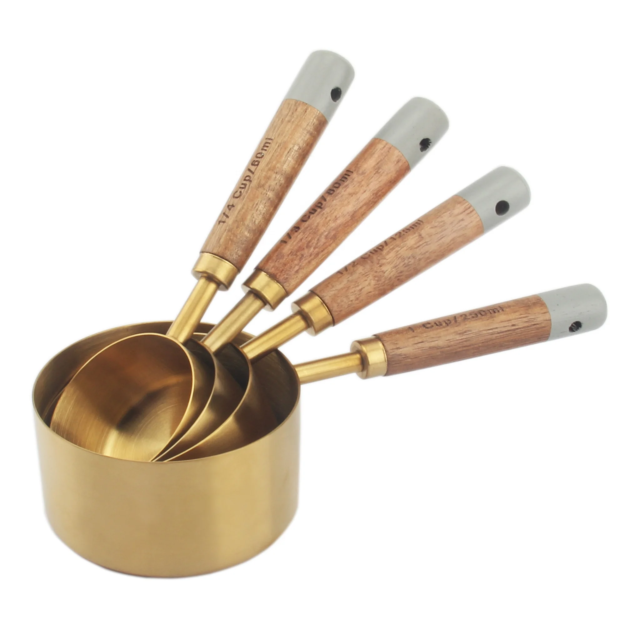 High Quality Gold Baking Measuring Cup Stainless Steel for Kitchen Tool Acacia Wooden Handle Spoons Set