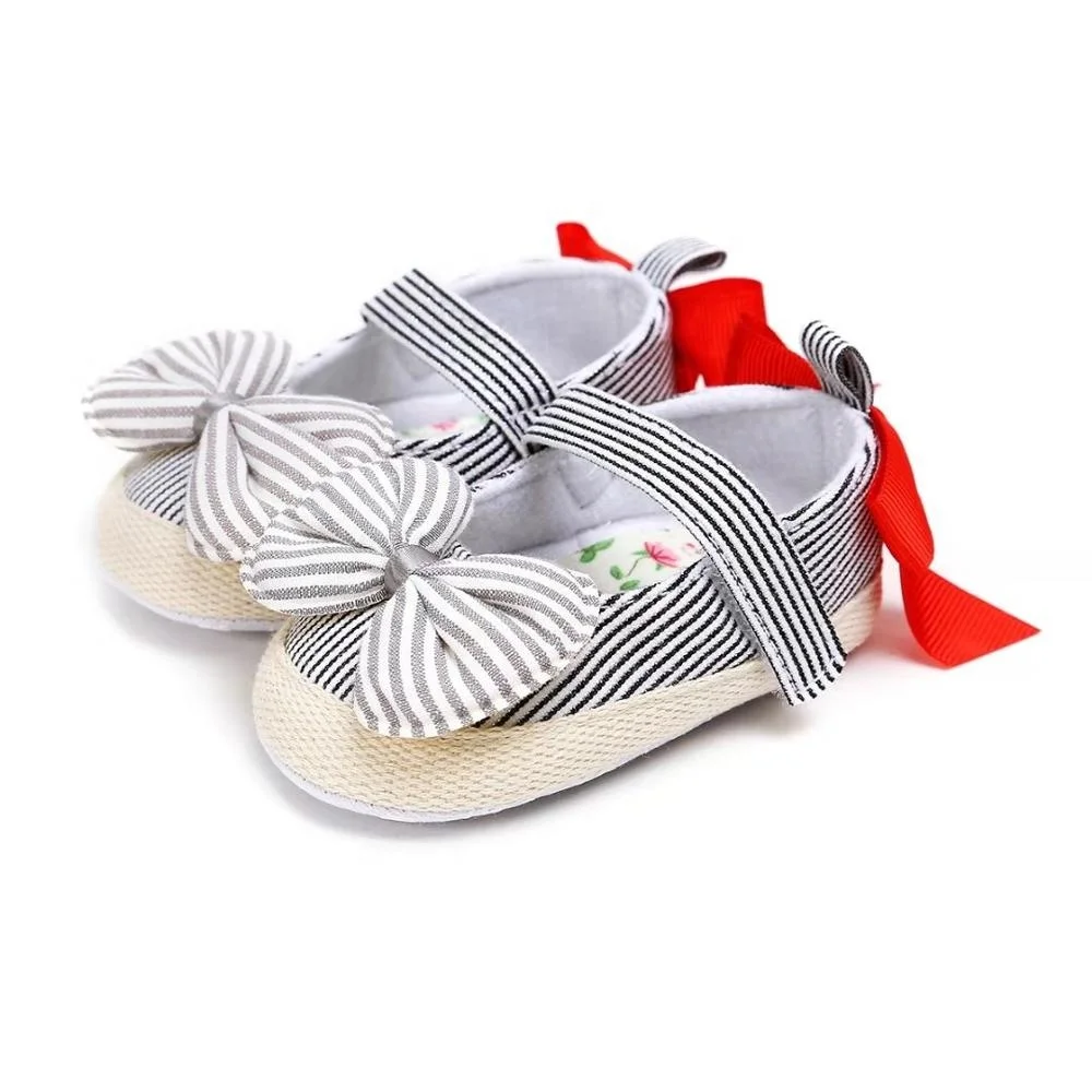 Fancy Infant Ribbon Bow Striped Baby Fabric Toddler Girl Dress Shoes