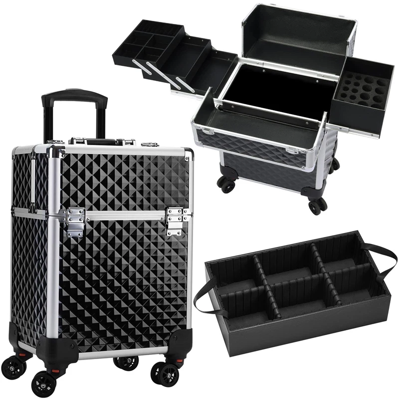 Large Capacity Rolling Makeup Storage Cosmetic Trolley 4 Tray with Key Swivel Wheels  Salon Barber Case cosmetic travel bag