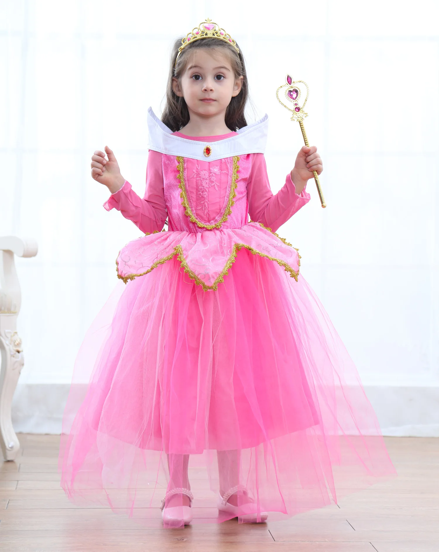 Q52   Children Party Frock New Design Long Sleeves Sofia Princess Smocked Children Clothing Party Dress