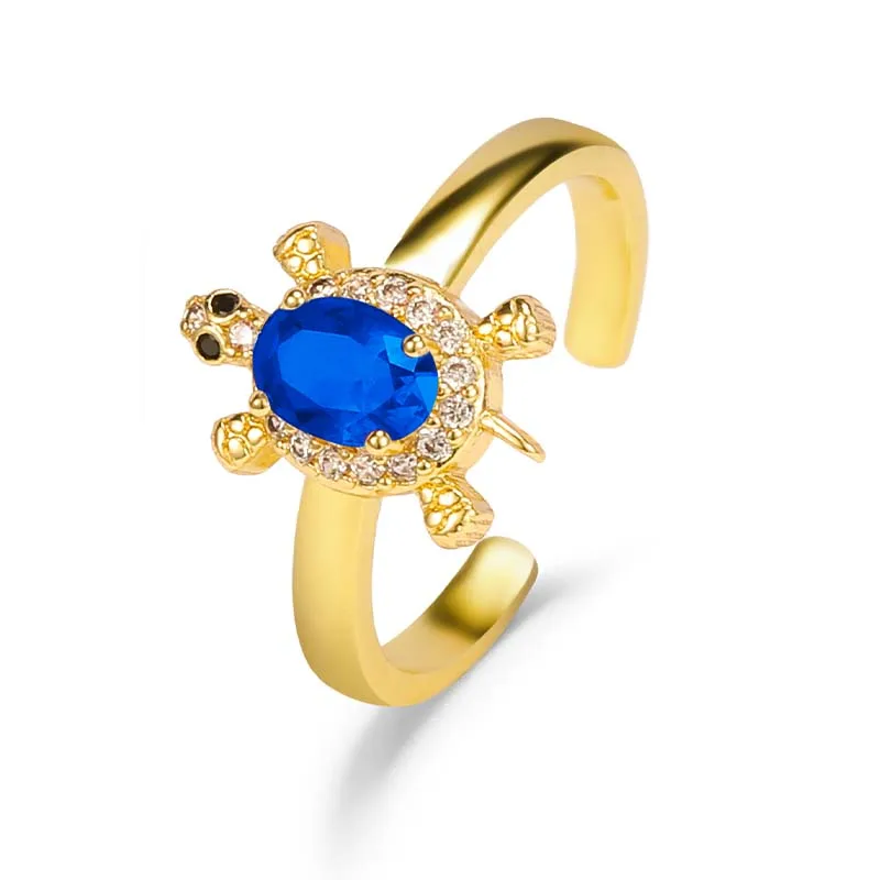HOVANCI Cool Bling Bling Inlaid Zircon Finger Ring 18k Solid Gold Diamond Dainty Colored Oval Turtle CZ Zircon Ring for Party