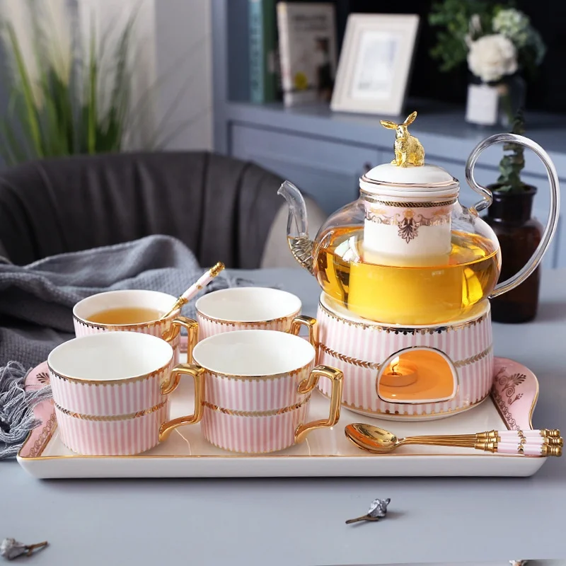 Gift packaged 200ml European ceramic tea coffee cups saucers set 850ml glass teapot with candle tea warmer ware