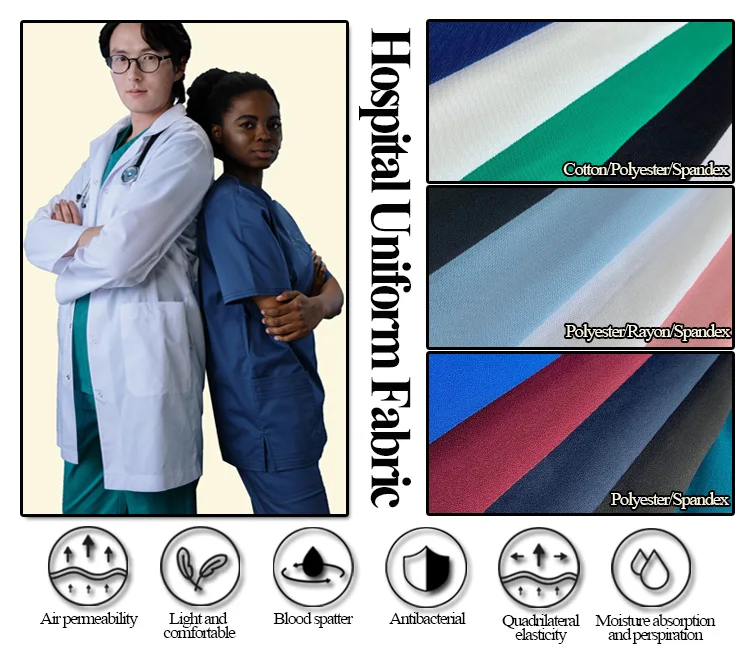 brushed 72%polyester 21%rayon 7% spandex TRS 4 Way Stretch scrub fabric for medical uniforms